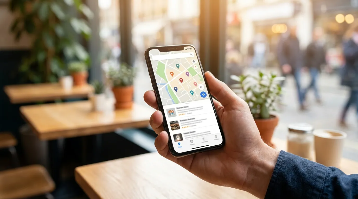 Smartphone toont lokale zoekresultaten met bedrijven en locatiepins op de kaart