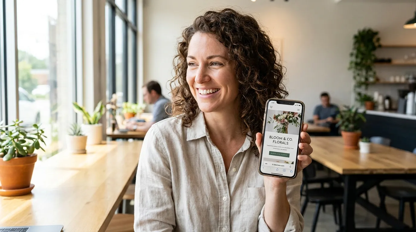 Tevreden ZZP'er bekijkt haar nieuwe bedrijfswebsite op een smartphone